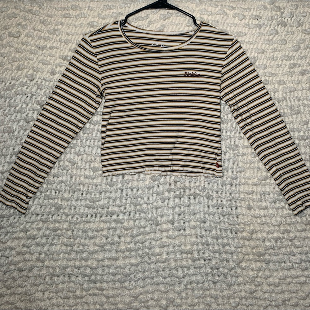 DICKIES CROP TOP WOMENS SMALL LONG SLEEVE STRIPES YELLOW BLACK WHITE MISSING SIZ